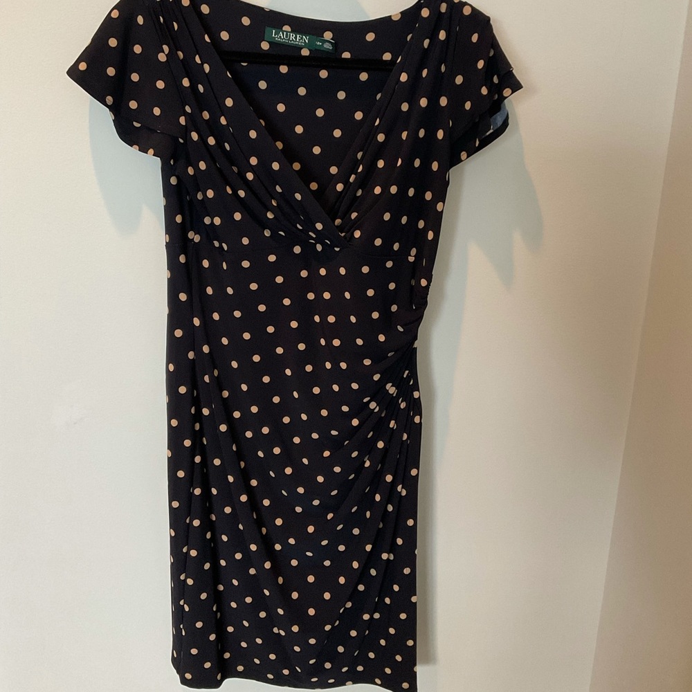 Black with taupe dots gathered drape dress 12P
